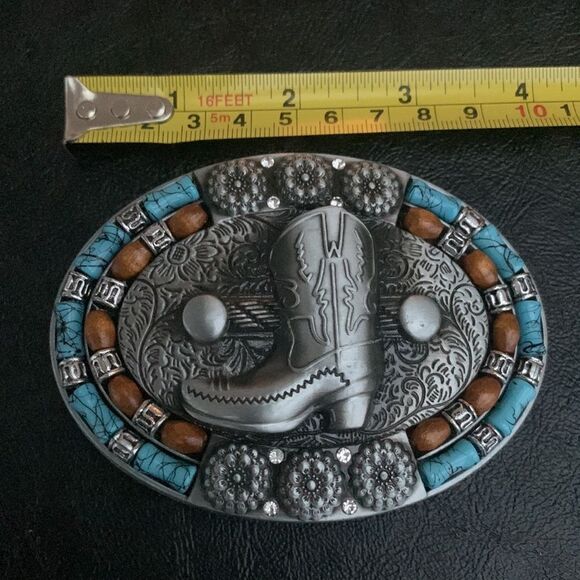 Boot Belt Buckle – Antiqued Silver Finish with Faux Turquoise, Western Cowgirl main image 4